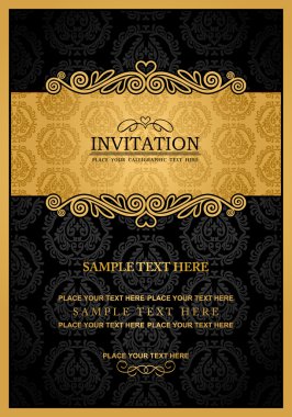 Abstract background with antique, vintage frame and banner, black damask wallpaper with ornamental, gold invitation card, baroque style label, fashion pattern, graphic ornament for decoration, design clipart