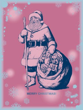 Noel ve yeni yıl çizim. çuval içinde hediyelerle mutlu Noel Baba. Vintage tarzı grafik sanatı kart tasarımı için