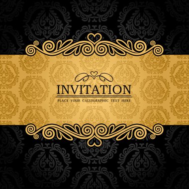 Abstract background with antique, vintage frame and banner, black damask wallpaper with ornamental, gold invitation card, baroque style label, fashion pattern, graphic ornament for decoration, design clipart