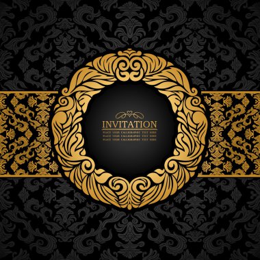 Abstract background with antique, luxury black and gold vintage frame, ornate banner, damask floral wallpaper ornaments, invitation card, baroque style booklet, fashion pattern, template for design clipart