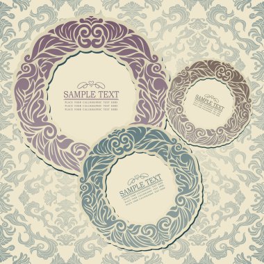 vintage çerçeveler, eski stil afiş, çiçek damask duvar kağıdı, çelenk süsleri, davetiye kartı, kartpostal ve broşür, moda model, tasarım şablonu ile arka plan