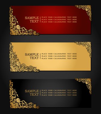 Vintage, antique banners on black background, luxury red, black and gold vintage frames, floral corner ornaments, baroque style fashion pattern, web and page template for design clipart