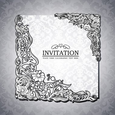 Abstract background with antique, luxury black and white vintage rich frame, banner, damask floral ornaments, invitation card, baroque style booklet, fashion pattern, paper page template for design clipart