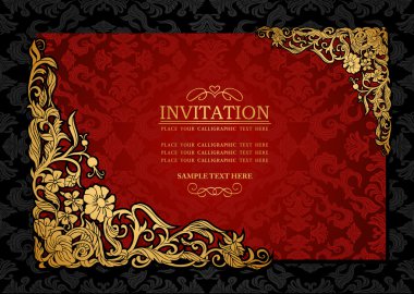 Abstract background with antique, luxury red and gold vintage frame, victorian banner, damask floral wallpaper ornament, invitation card, baroque style booklet, fashion pattern, template for design clipart
