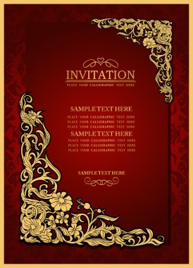 Abstract background with antique, luxury red vintage frame, victorian banner, damask floral wallpaper ornament, invitation card, baroque style booklet, fashion pattern, paper page template for design clipart