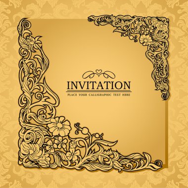 Abstract background with antique, luxury gold vintage frame, victorian banner, damask floral wallpaper ornament, invitation card, baroque style booklet, fashion pattern, paper page template for design clipart