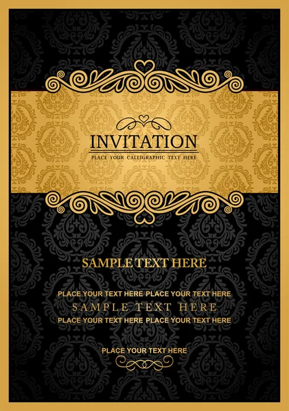 Abstract background with antique, vintage frame and banner, black damask wallpaper with ornamental, gold invitation card, baroque style label, fashion pattern, graphic ornament for decoration, design — Stock Vector