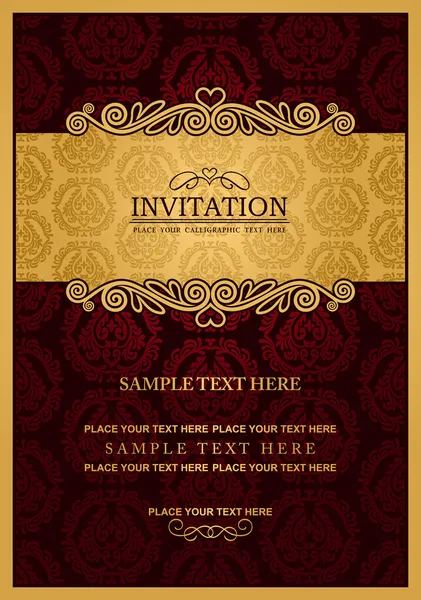 Abstract background with antique, vintage frame and banner, red damask wallpaper with ornamental, gold invitation card, baroque style label, fashion pattern, graphic ornaments for decoration, design — Stock Vector