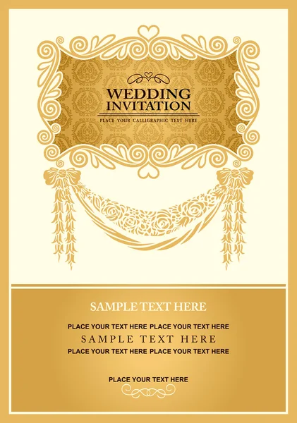 Bröllop inbjudningskort, abstrakt bakgrund, vintage ram och banner, guld damast tapeter, barockstil etikett, mode mönster, grafisk prydnad för dekoration och design. — Stock vektor