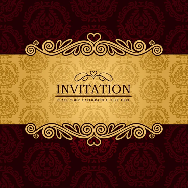 Abstract background with antique, vintage frame and banner, red damask wallpaper with ornamental, gold invitation card, baroque style label, fashion pattern, graphic ornaments for decoration, design. — Stock Vector