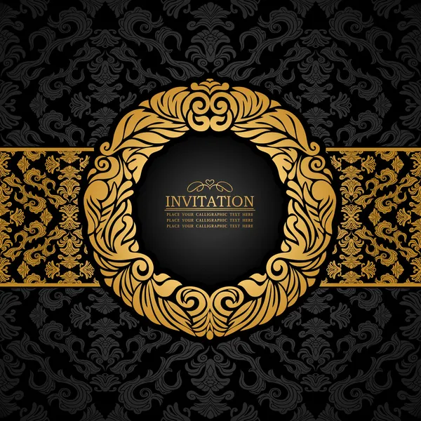 Abstract background with antique, luxury black and gold vintage frame, ornate banner, damask floral wallpaper ornaments, invitation card, baroque style booklet, fashion pattern, template for design — Stock Vector