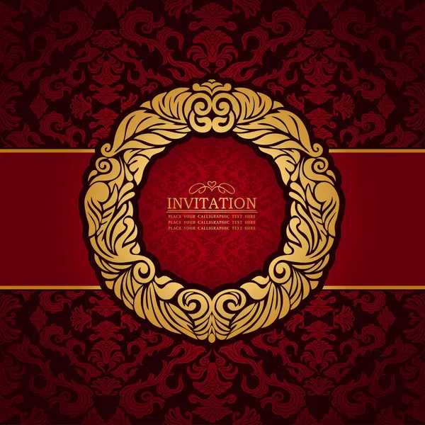 Abstract background with antique, luxury red and gold vintage frame, victorian banner, floral wallpaper, garland ornament, invitation card, baroque style booklet, fashion pattern, template for design — 스톡 벡터