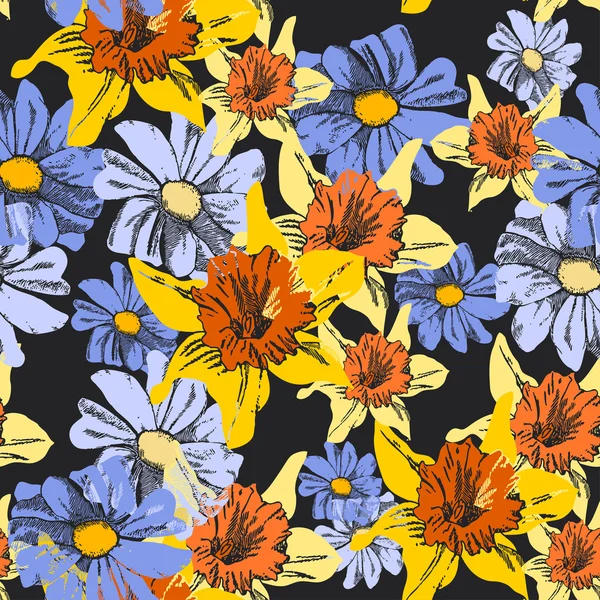 Abstrakt bakgrund med narcisser blommor, mode seamless mönster, vintage, retro tyg med grafisk vackra blommor, sommar och vår vackra stil för design — Stock vektor