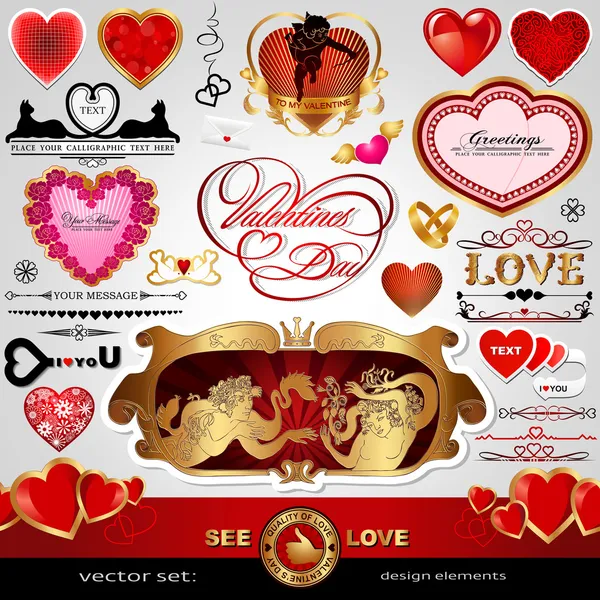 Happy Valentines Day, Love vector set; Abstract, vintage, Christmas, retro hearts and ornaments for design; Antique, art banner, frame, card, label, greetings and invitation for marriage and wedding — Stockvector