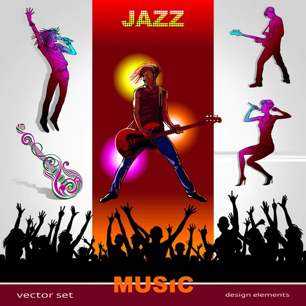 Background of music, set of musicians, singers, party and band silhouettes, ornament of art guitar; Jazz, Rock, Reggae, blues, country, Rock, Pop, Rap, Hip-Hop styles for design — 스톡 벡터