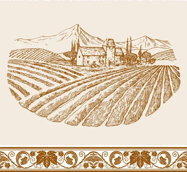 Вінтажний фон з винним лейблом з ескізом старого шато, пейзаж з селом та виноградником, квітковий орнамент винограду для прикраси та дизайну — стоковий вектор