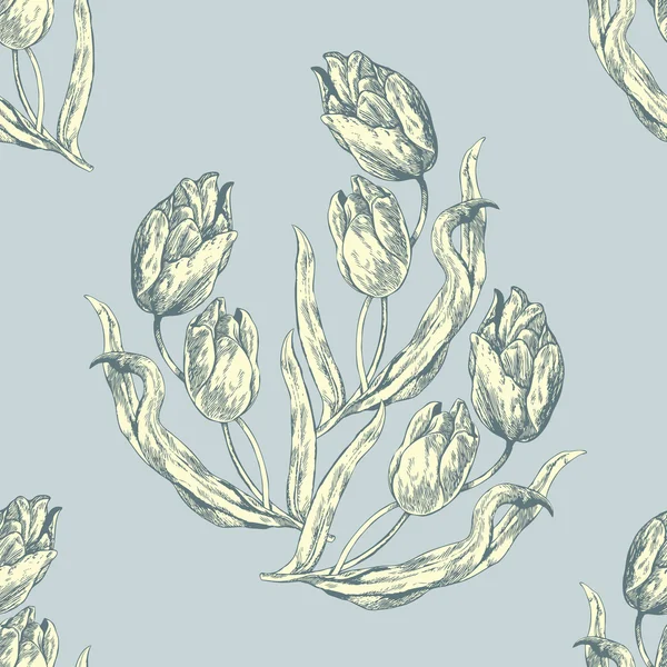 Abstrakt blomma bakgrund, tulip prydnad, mode seamless mönster, vektor tapeter, blommig blå tyg och retro omslag med grafiska element för dekoration och design — Stock vektor