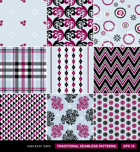 Abstrakta bakgrunder vektorer uppsättning av traditionella, klassiska och moderna, färgglada seamless mönster (mode tyg textur mall) för textil dekoration en design — Stock vektor