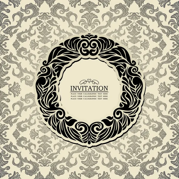 Abstract background with black vintage frame, old style banner, floral damask wallpaper, garland ornament, invitation card, postcard and booklet, fashion pattern, template for design — Stock Vector