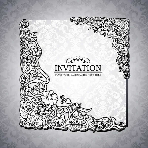 Abstract background with antique, luxury black and white vintage rich frame, banner, damask floral ornaments, invitation card, baroque style booklet, fashion pattern, paper page template for design — Stock Vector