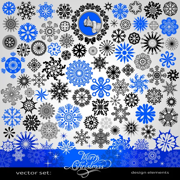77 品目 - クリスマスと新年の創造的な雪片と星を設定、水平青、冬、バナー、ヴィンテージやレトロな装飾、テキスト装飾とデザインのためのパターン — ストックベクタ