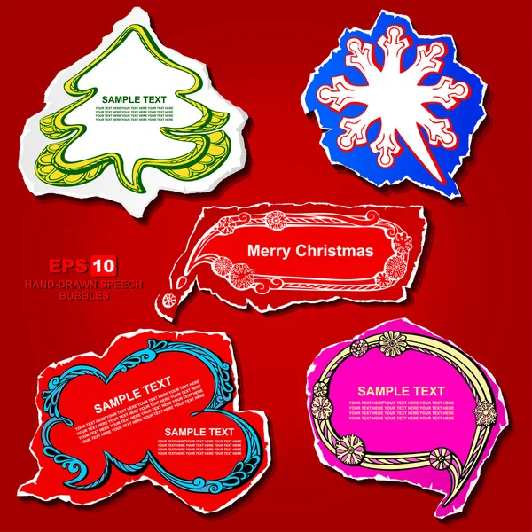 Grafische Sprechblasen und Aufkleber für Weihnachten und Neujahr mit kreativen Ornamenten - Weihnachtsbaum, Schneeflocke, Wolke, Banner und Rahmen auf farbigem Altpapier — Stockvektor