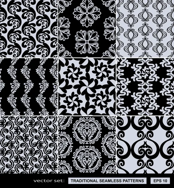Abstract backgrounds set, damask ornaments, monochrome seamless patterns, vector wallpapers, floral fashion fabrics and arabesque wrappings with graphic elements, flowers and leafs for design — Stock Vector
