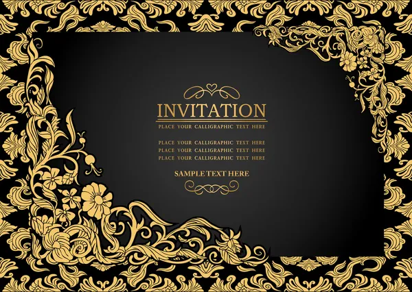 Abstract background with antique, luxury black and gold vintage frame, ornate banner, damask floral wallpaper ornaments, invitation card, baroque style booklet, fashion pattern, template for design — Stock Vector