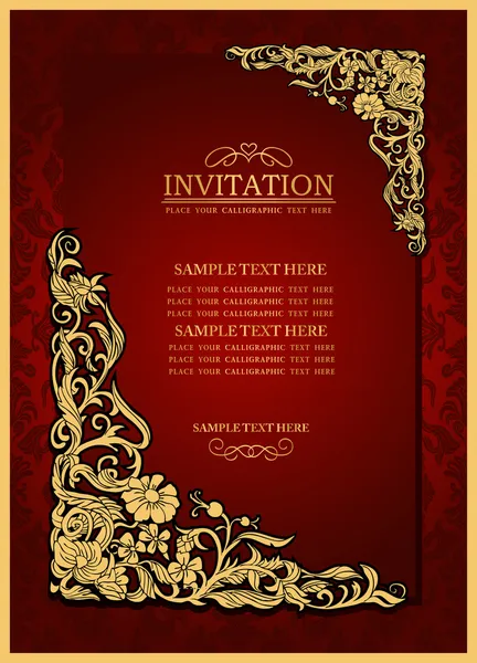 Abstract background with antique, luxury red vintage frame, victorian banner, damask floral wallpaper ornament, invitation card, baroque style booklet, fashion pattern, paper page template for design — Stock Vector