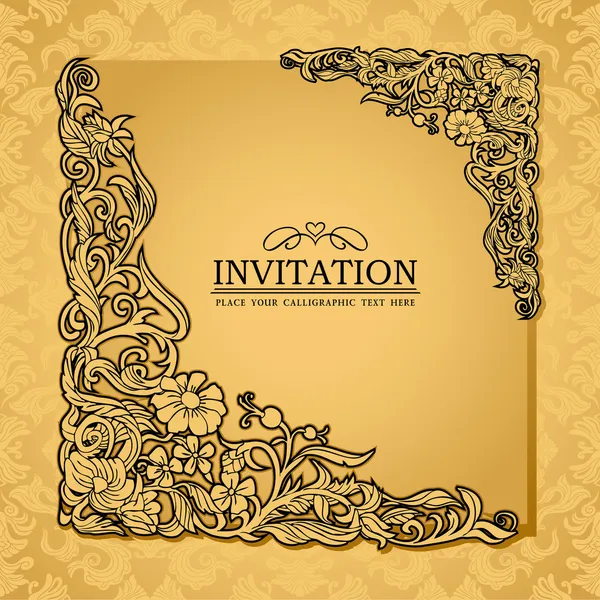 Abstract background with antique, luxury gold vintage frame, victorian banner, damask floral wallpaper ornament, invitation card, baroque style booklet, fashion pattern, paper page template for design — Stock Vector