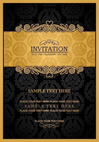 Абстрактный фон с антикварной, винтажной рамкой и баннером, черные обои Дамаск с орнаментом, золотой пригласительный билет, ярлык стиля барокко, модный узор, графический орнамент для украшения, дизайн — стоковый вектор