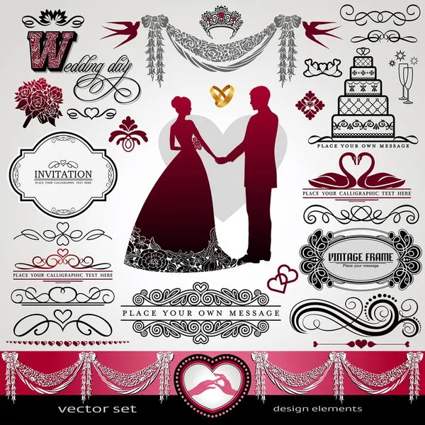 День свадьбы, фон, набор орнаментов, абстрактные элементы каллиграфии, векторная пригласительная карточка, этикетка, винтажная рамка, букет, абстрактные цветочные узоры, цветочный ретро-баннер, венок, делитель дизайна — стоковый вектор