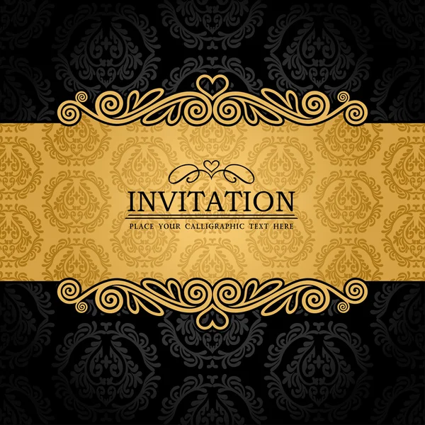 Abstract background with antique, vintage frame and banner, black damask wallpaper with ornamental, gold invitation card, baroque style label, fashion pattern, graphic ornament for decoration, design — 스톡 벡터