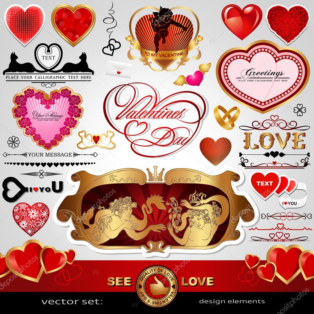Happy Valentines Day, Love vector set; Abstract, vintage, Christmas, retro hearts and ornaments for design; Antique, art banner, frame, card, label, greetings and invitation for marriage and wedding