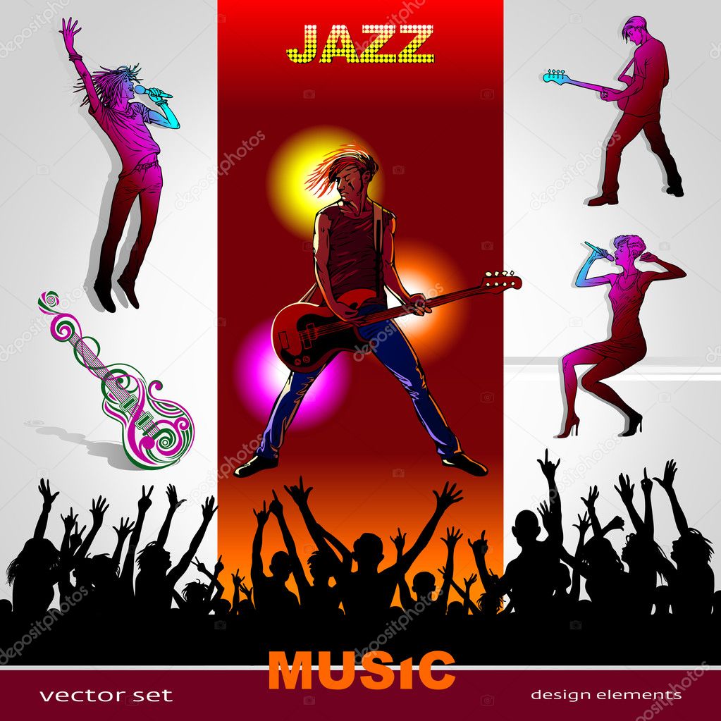 Background of music, set of musicians, singers, party and band silhouettes, ornament of art guitar; Jazz, Rock, Reggae, blues, country, Rock, Pop, Rap, Hip-Hop styles for design