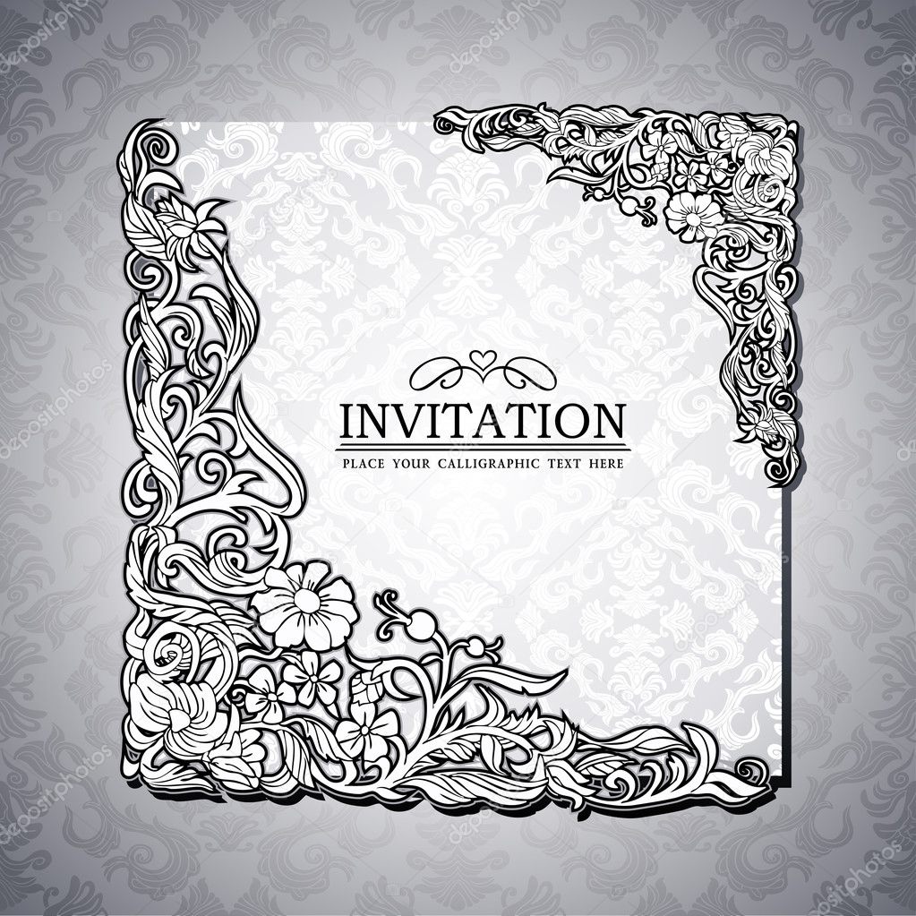 Abstract background with antique, luxury black and white vintage rich frame, banner, damask floral ornaments, invitation card, baroque style booklet, fashion pattern, paper page template for design