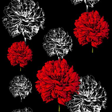 Abstract floral background, fashion black seamless pattern, rich vintage art wallpaper, retro fabric with graphic beautiful red creative flowers. Summer, spring theme for decoration and design