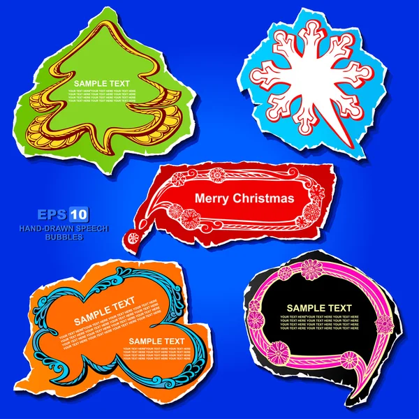 Diseño de burbujas y pegatinas de discurso gráfico de Navidad y Año Nuevo, utilizando adornos creativos: árbol de Navidad, copo de nieve, nube, pancarta y marco en el papel vintage de color —  Fotos de Stock