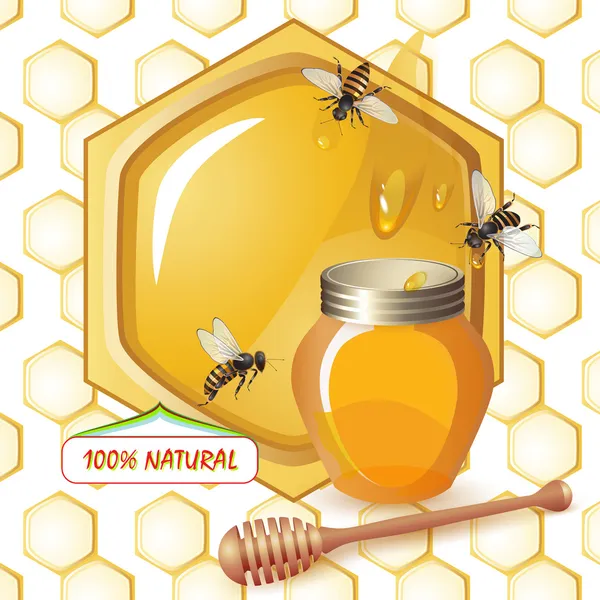 Tarro de miel cerrado, tarro de madera y abejas — Vector de stock
