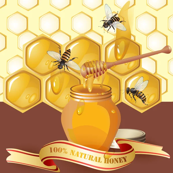 Sklenice medu, s dřevěnou naběračku, včely a stuha — Stockový vektor