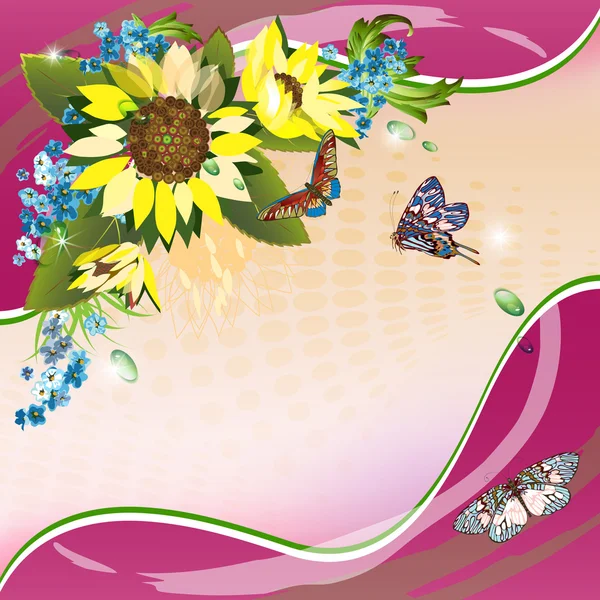 Achtergrond met zonnebloemen, korenbloemen en vlinders — Stockvector