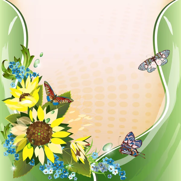 Hintergrund mit Sonnenblumen, Kornblumen und Schmetterlingen — Stockvektor