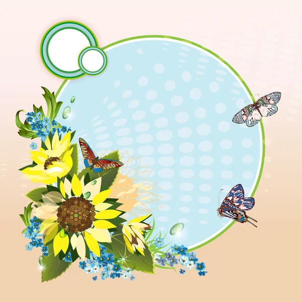 向日葵、 车菊和蝴蝶背景 — 图库矢量图片