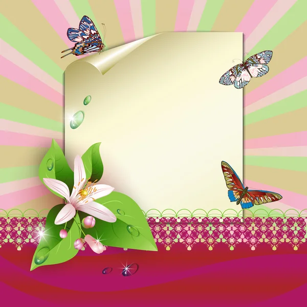 Blatt Papier, Blumen und Schmetterlinge — Stockvektor