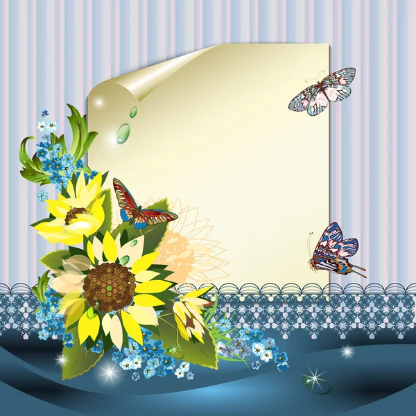 Blatt Papier, Sonnenblumen und Schmetterlinge — Stockvektor