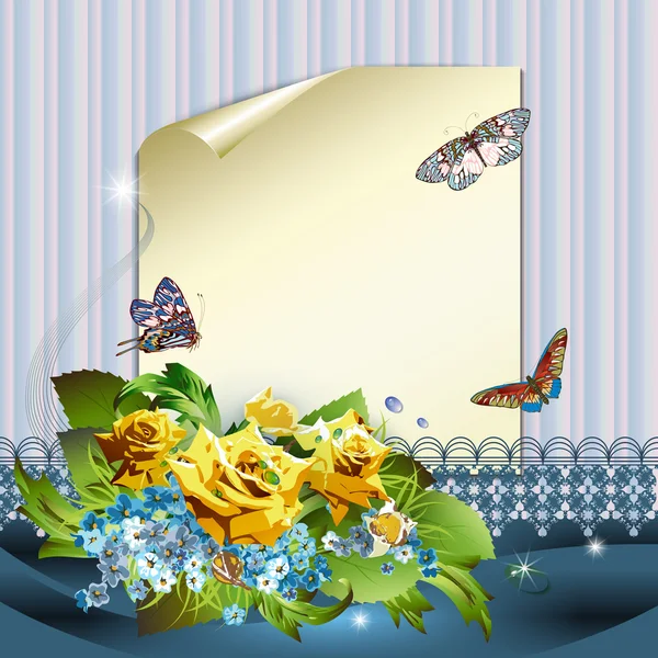 Papier, Rosen, Kornblumen und Schmetterlinge — Stockvektor
