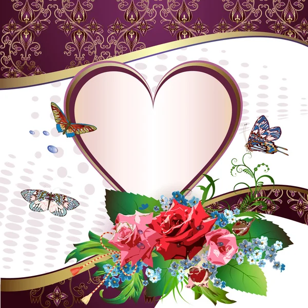 Tarjeta de ilustración con corazón, mariposas y flores — Vector de stock