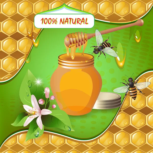 Frasco de mel com conta-gotas de madeira, abelhas e flores — Vetor de Stock