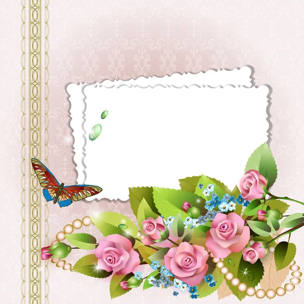Cadre avec roses roses et perles — Image vectorielle
