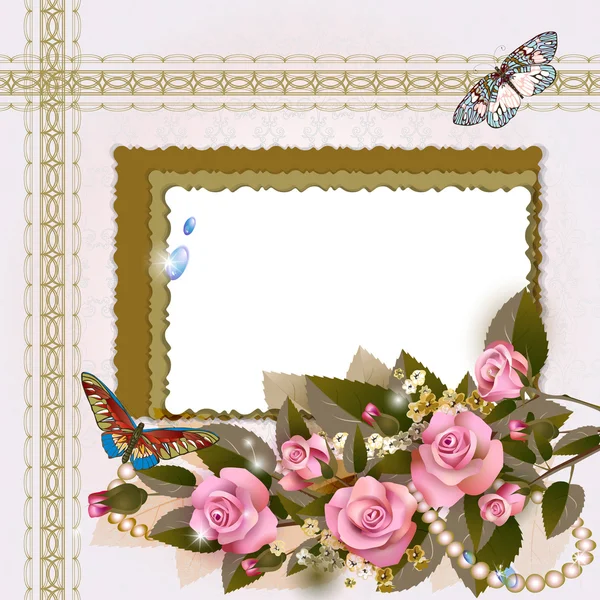 Frame with pink roses and pearls — 스톡 벡터